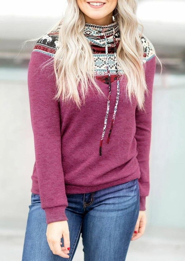 Reindeer Drawstring Cowl Neck Sweatshirt - Purple