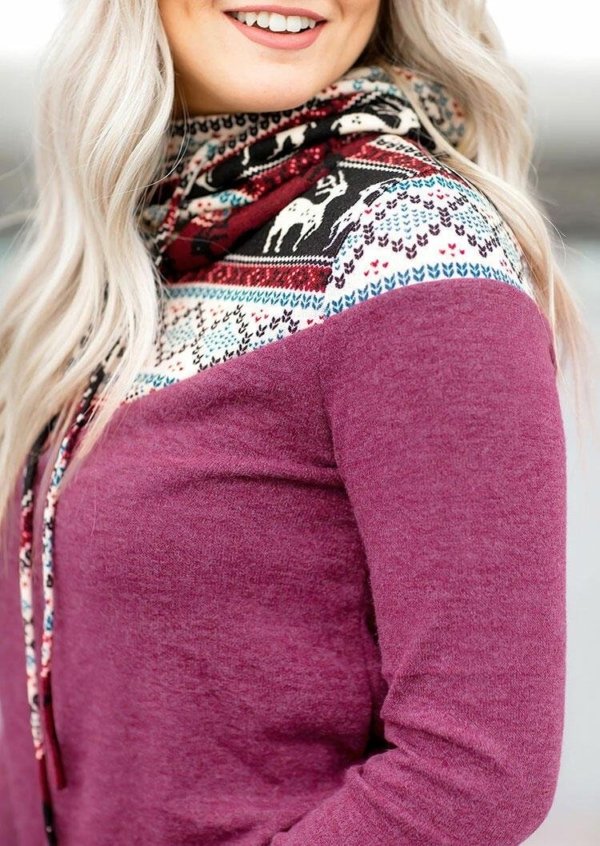 Reindeer Drawstring Cowl Neck Sweatshirt - Purple