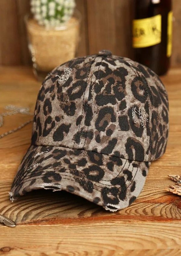 Leopard Criss-Cross Hollow Out Ripped Washed Baseball Cap