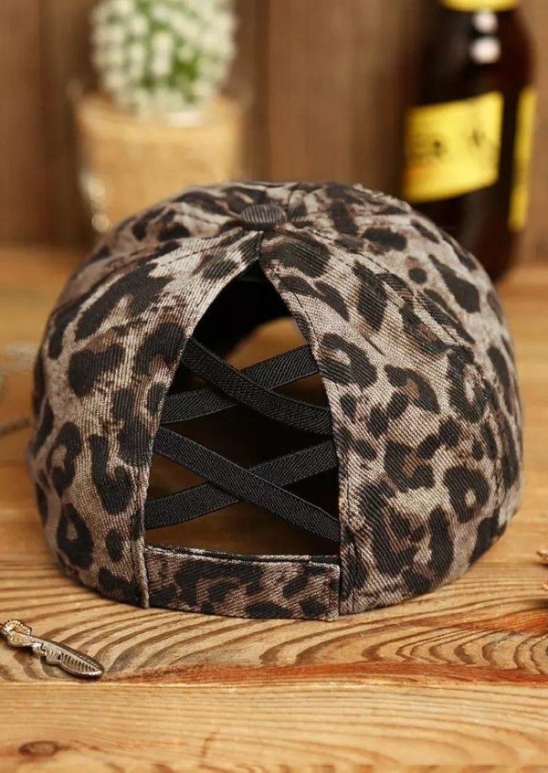 Leopard Criss-Cross Hollow Out Ripped Washed Baseball Cap