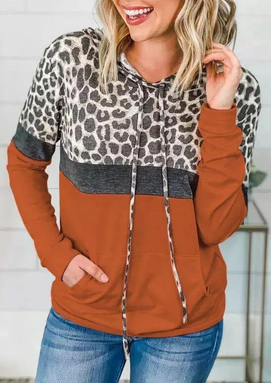 Leopard Splicing Kangaroo Pocket Hoodie - Pink