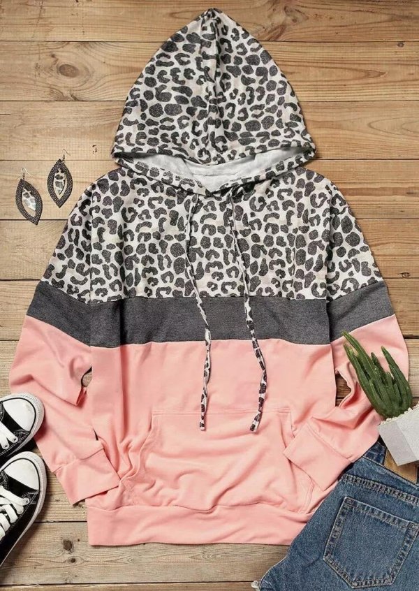 Leopard Splicing Kangaroo Pocket Hoodie - Pink
