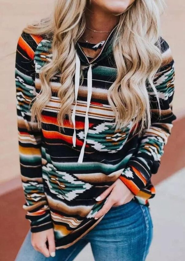 Striped Geometric Cowl Neck Sweatshirt