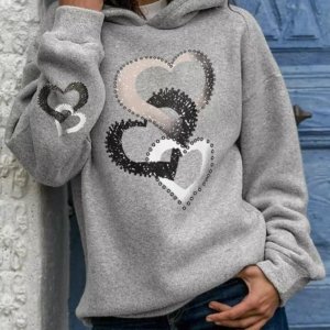 Heart Drop Shoulder Pullover Hoodie - Gray