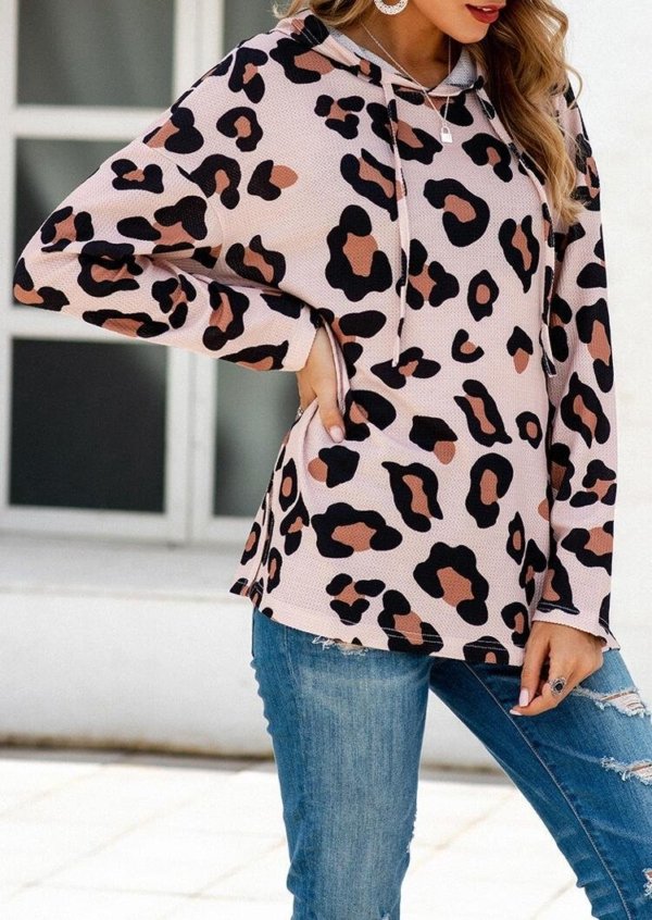 Leopard Drawstring Slit Long Sleeve Hoodie
