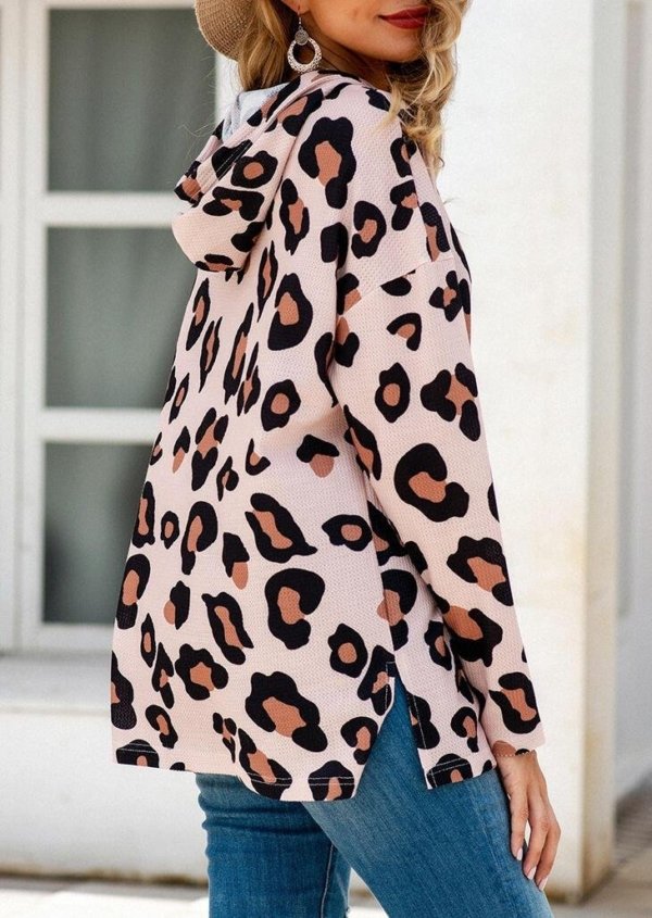 Leopard Drawstring Slit Long Sleeve Hoodie