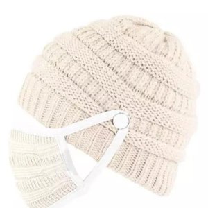 2Pcs Winter Button Knitted Beanie Hat And Mouth Shield Set