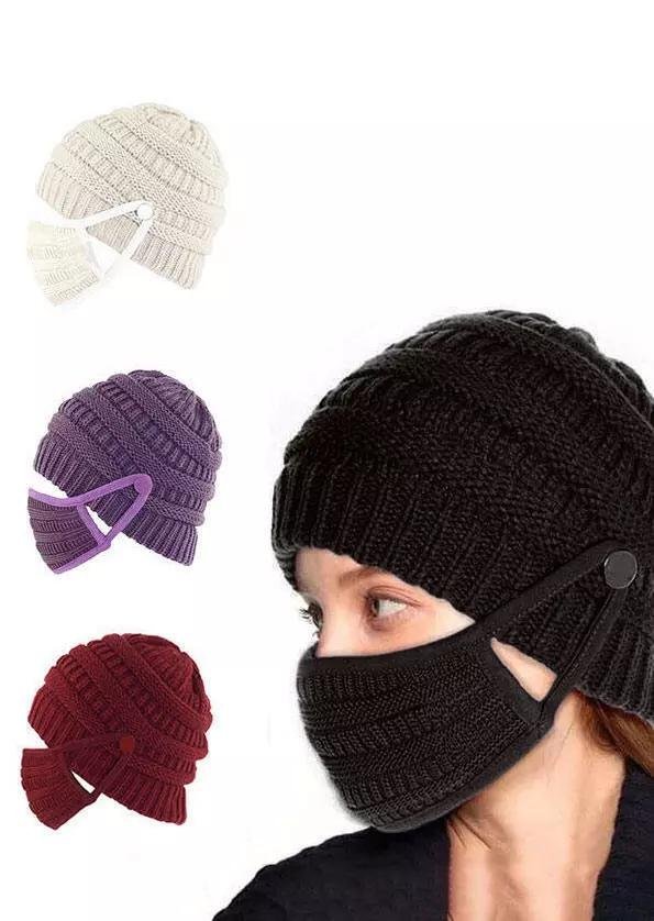 2Pcs Winter Button Knitted Beanie Hat And Mouth Shield Set