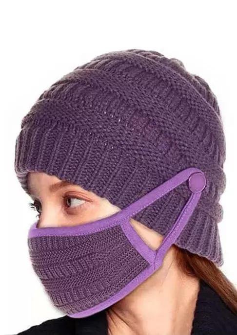 2Pcs Winter Button Knitted Beanie Hat And Mouth Shield Set
