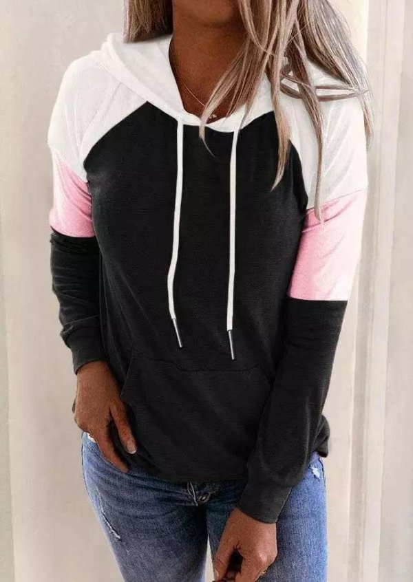 Color Block Drawstring Kangaroo Pocket Hoodie - Black