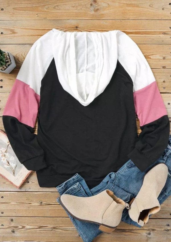 Color Block Drawstring Kangaroo Pocket Hoodie - Black