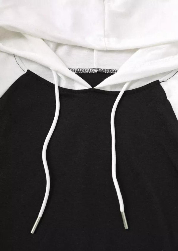 Color Block Drawstring Kangaroo Pocket Hoodie - Black