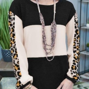 Leopard Color Block Casual Pullover Sweatshirt