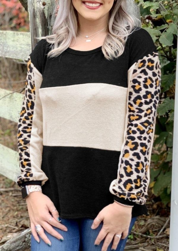 Leopard Color Block Casual Pullover Sweatshirt