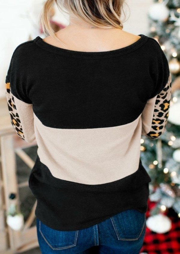 Leopard Color Block Casual Pullover Sweatshirt