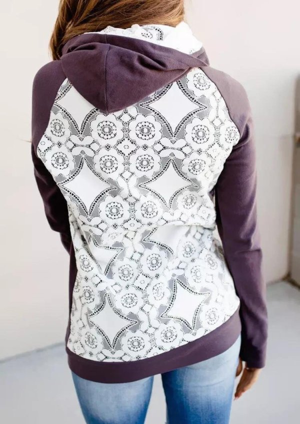 Lace Splicing Zipper Drawstring Kangaroo Pocket Hoodie - Purple