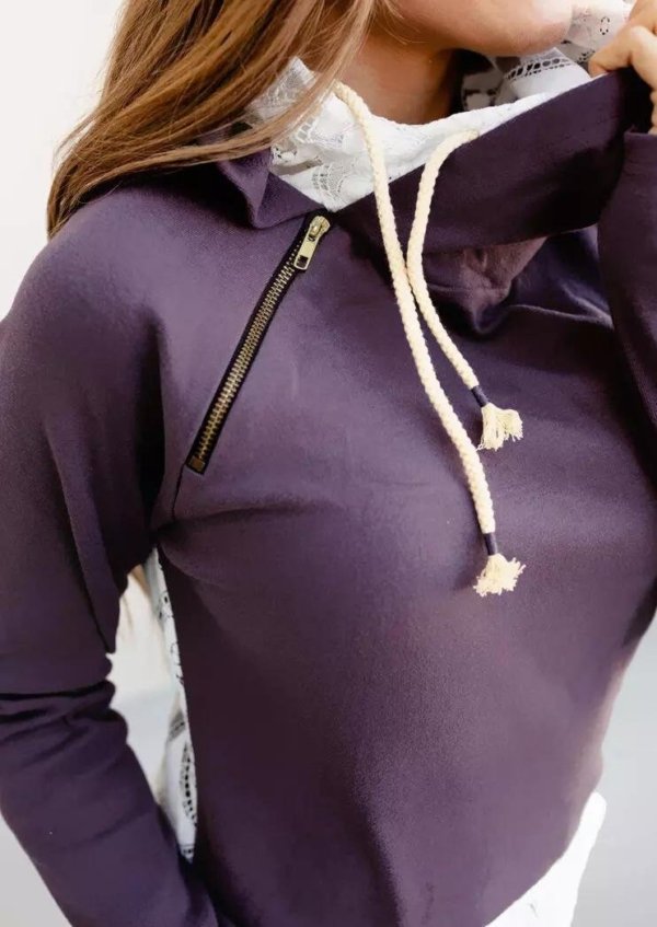 Lace Splicing Zipper Drawstring Kangaroo Pocket Hoodie - Purple