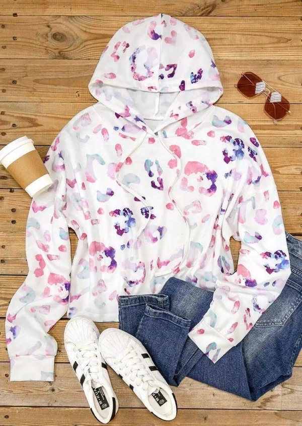 Colorful Leopard Drawstring Pullover Hoodie