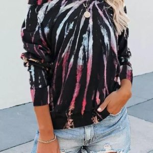 Tie Dye Long Sleeve O-Neck Sweatshirt - Black