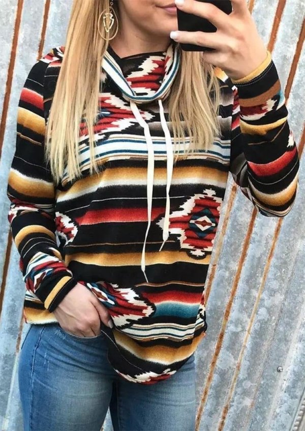 Striped Aztec Geometric Drawstring Cowl Neck Sweatshirt