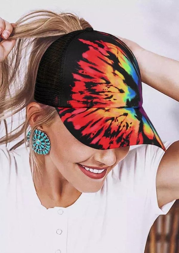 Reverse Tie Dye Rainbow Mesh Ponytail Baseball Cap